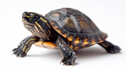 Obraz premium Vivid detail of a turtle's head and neck; it leans slightly right while facing left in the frame, eyes peering intriguingly toward the right