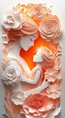 Tender Mother's Day Papercut Art with Embracing Mom and Child, Elegant Flowers, Gradient Effect, and Message Space