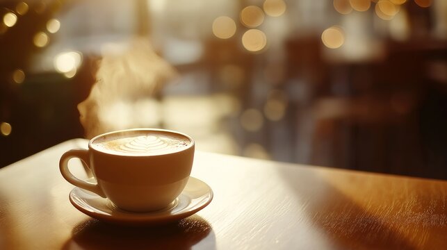 Steaming latte on a wooden table, soft bokeh background, cozy cafe ambiance. Warmth and comfort in every sip
