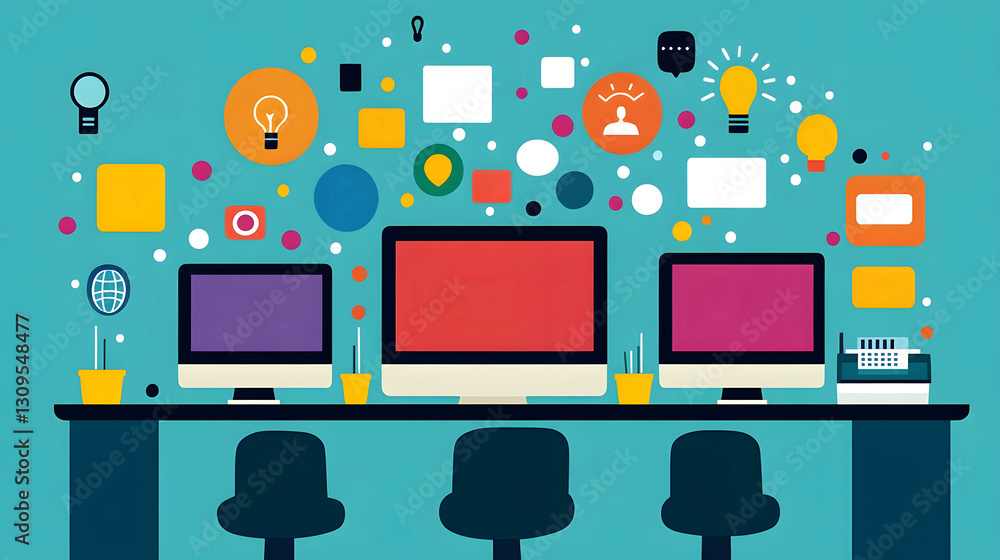 Aufkleber Workspace with Laptops Computers and Digital Icons for Online Business Productivity and Innovation