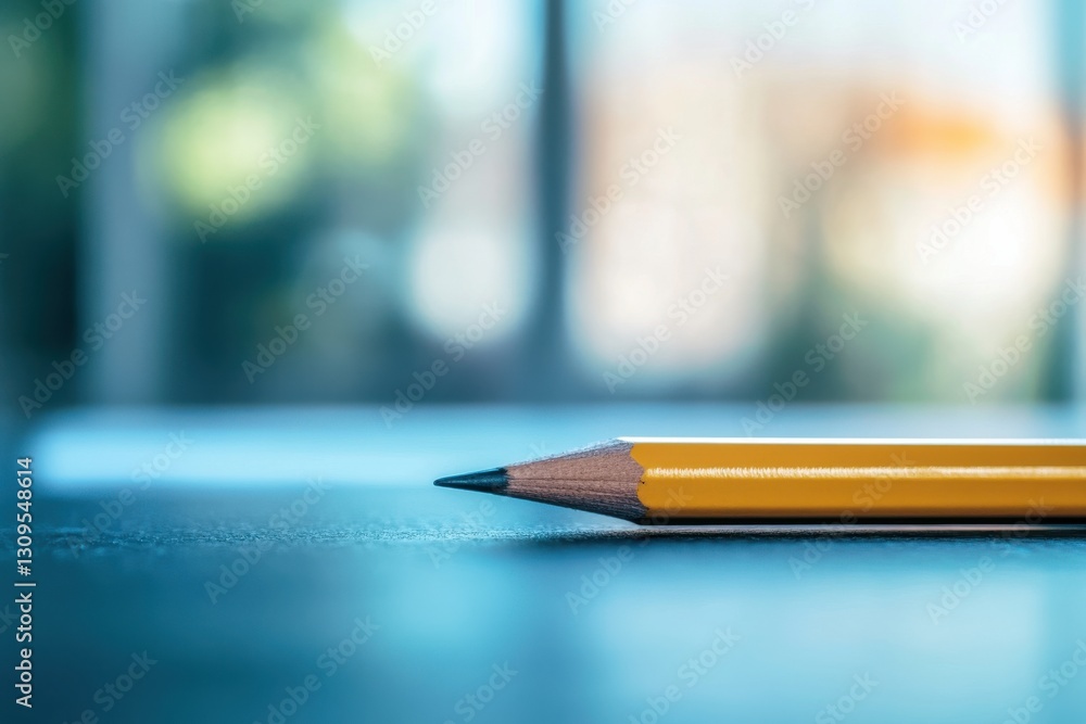 Poster Yellow pencil resting on a dark surface with a blurred background in a well-lit workspace during daytime