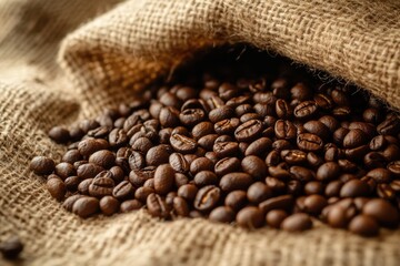 Freshly harvested coffee beans spilling from a burlap sack in a rustic setting