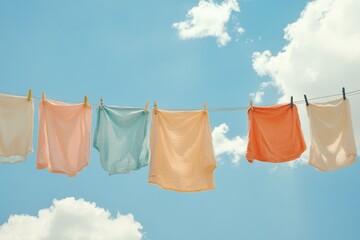 Brightly colored laundry hangs on a clothesline under a sunny sky with fluffy clouds during a beautiful afternoon