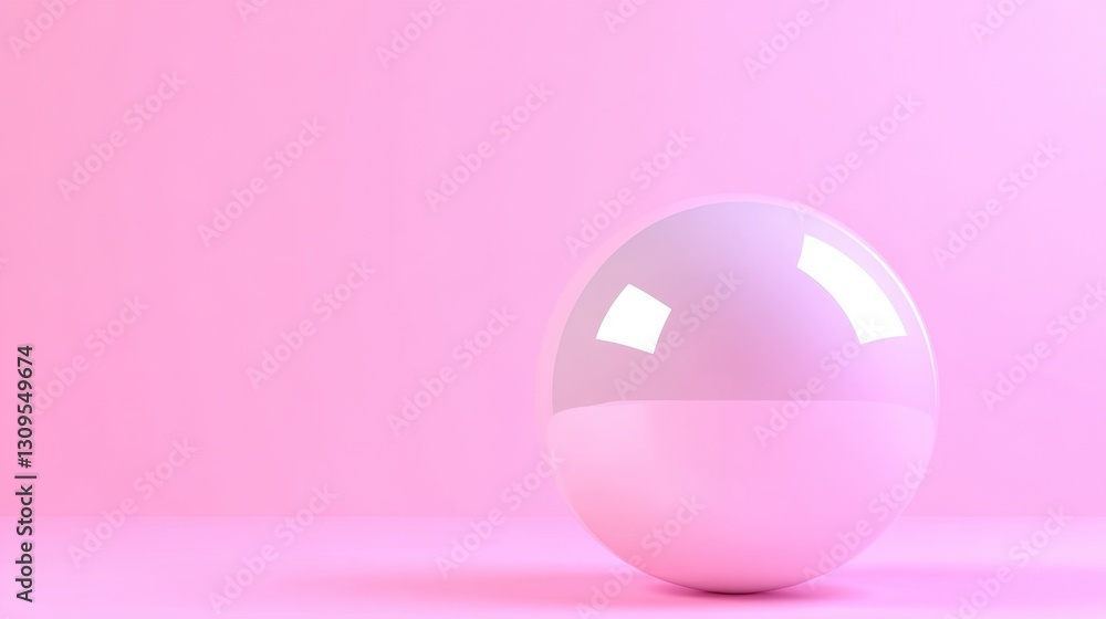 Poster a shiny, off white sphere rests on a soft pink background. the sphere casts a subtle shadow, enhanci