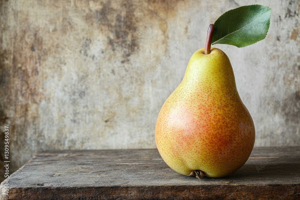 Aufkleber Pear resting on a rustic wooden table in front of a textured wall in soft natural light