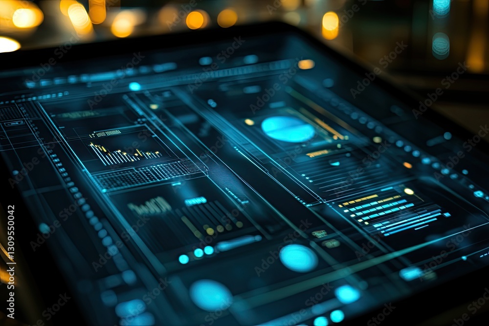 Poster futuristic technology interface displaying data analytics and charts on a tablet screen at night