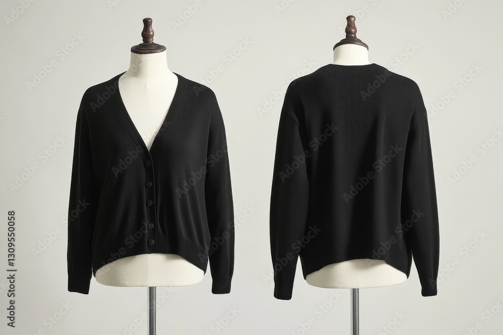 Poster stylish black cardigan displayed on a mannequin with a minimalist background showcasing its design a