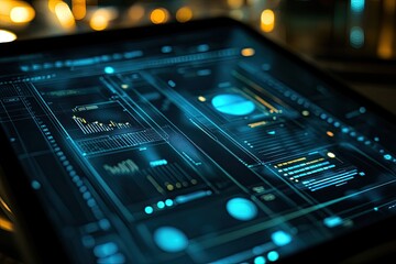 Fototapeta premium Futuristic Technology Interface Displaying Data Analytics and Charts on a Tablet Screen at Night