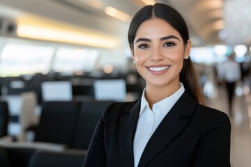 A confident flight attendant stands proudly in a high-end airplane cabin, reflecting professionalism and a commitment to providing outstanding service to passengers.