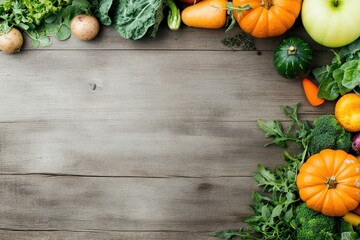 rustic wooden table covered with variety of fresh seasonal fruits and vegetables showcasing nature bounty in vibrant