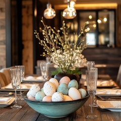 A cozy and festive Easter scene with an elegantly set table. Warm lighting and decorative elements create an inviting atmosphere, making it perfect for home, lifestyle, and holiday marketing visuals.