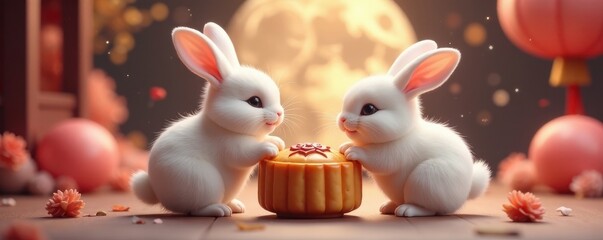 Two fluffy rabbits playfully near a large mooncake, stock, culture