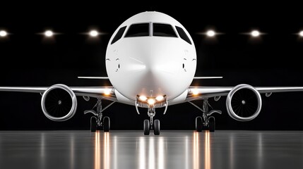 Fototapeta premium White private jet parked in a hangar at night, illuminated by spotlights. The aircraft is sleek and modern, reflecting light on the polished floor. Image showcases detailed view of the plane's front.