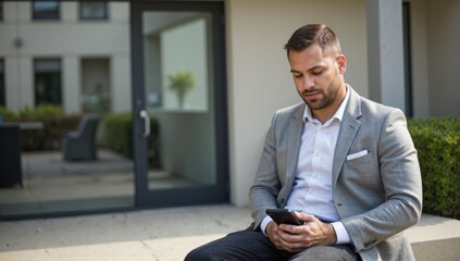 A man in a three-piece suit sits on the street and checks his phone.
