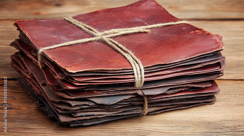 Poster a stack of dark reddish brown leather sheets tied with twine rests on a rustic wooden surface. the l