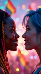 Fototapeta premium Two girls are looking at each other during Pride Month celebrations, concept for love, freedom and respect of gay love, ai generative image