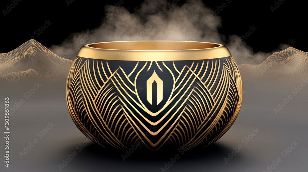 Poster steaming golden bowl with intricate geometric pattern against a dark background featuring pixelated 