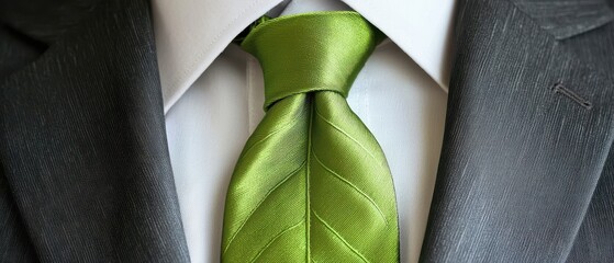 Green saving and sustainable business environment. Formal attire featuring a green tie against a gray suit background.