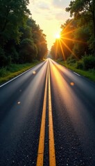 Obraz premium Dark asphalt highway, yellow lane markings, sun glare, drone, traffic, road