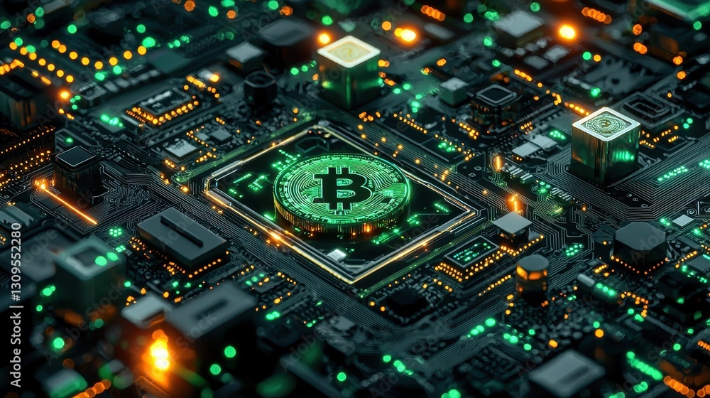 Poster exploring cryptocurrency mining technology digital space infographic futuristic environment aerial v
