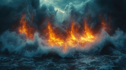 Fiery waves crash on stormy sea; dramatic scene; powerful ocean; possible use in movie poster or game art