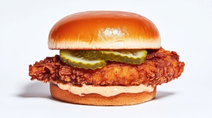 A large, thick, and juicy chicken sandwich with pickles and mayonnaise