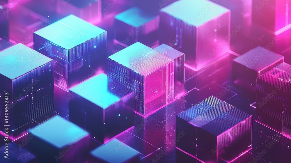Aufkleber dynamic digital cubes in neon colors abstract art futuristic setting 3d viewpoint technology concept
