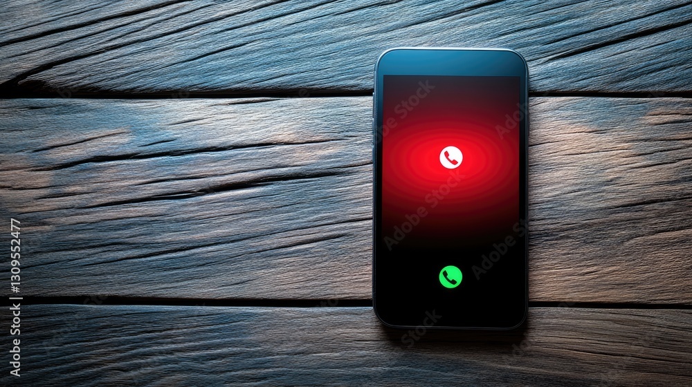 Poster smartphone displaying a missed call notification on a wooden surface.