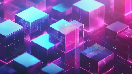 Obraz premium Dynamic digital cubes in neon colors abstract art futuristic setting 3d viewpoint technology concept