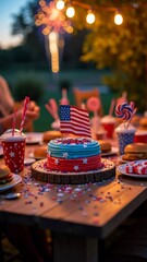 Festive table for a 4th of July party with stunnig patriotic cake, traditional American food and holiday decor, festive and patriotic mood, ai generated image