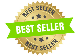 best seller. best seller round green and gold label isolated on transparent background