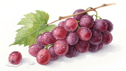 Fototapeta premium Watercolor Painting of Fresh Red Grapes with Water Droplets and Leaf, Fruit, Art