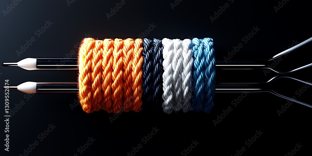 Poster close-up of vibrant spools of rope arranged in a striking pattern against a dark background