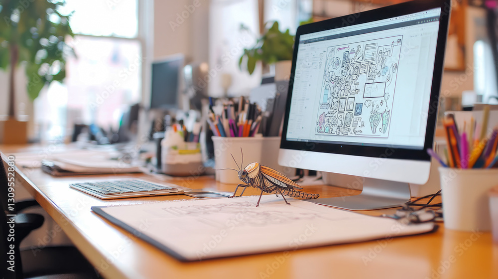 Poster insect inspiration: bug crawling near drawings on a desk with computer screen displaying sketches, c