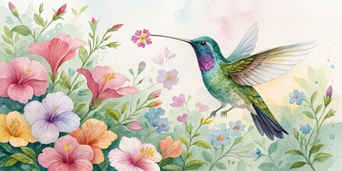 Watercolor Hummingbird and Floral Bliss, nature ,art