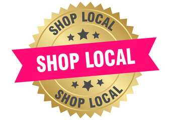 shop local. shop local round pink and gold label isolated on transparent background