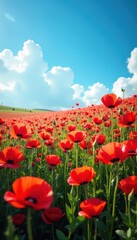 Obraz premium Dense carpet of scarlet poppies under blue sky, orange, rural, detail