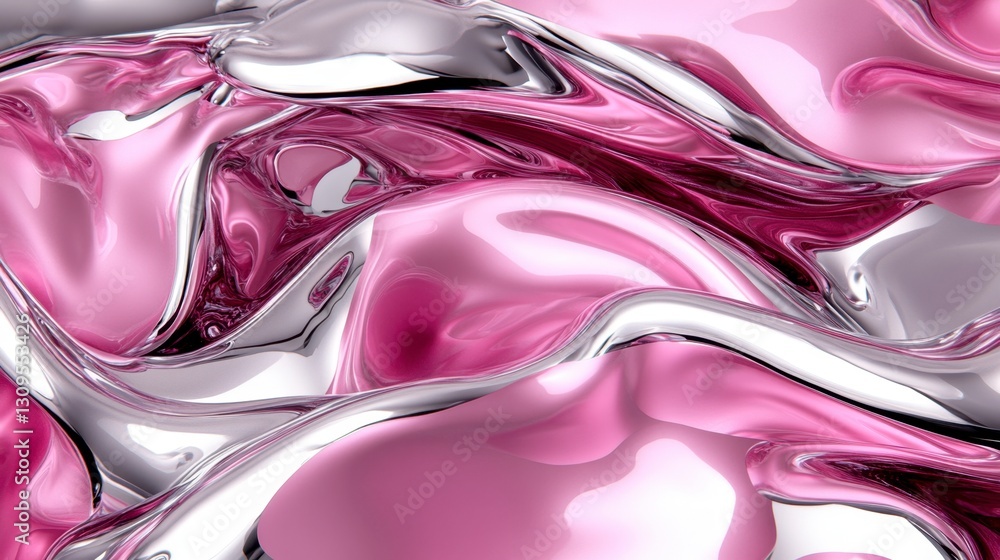 Poster abstract image of swirling pink and silver liquid, resembling metallic fabric with glossy texture an