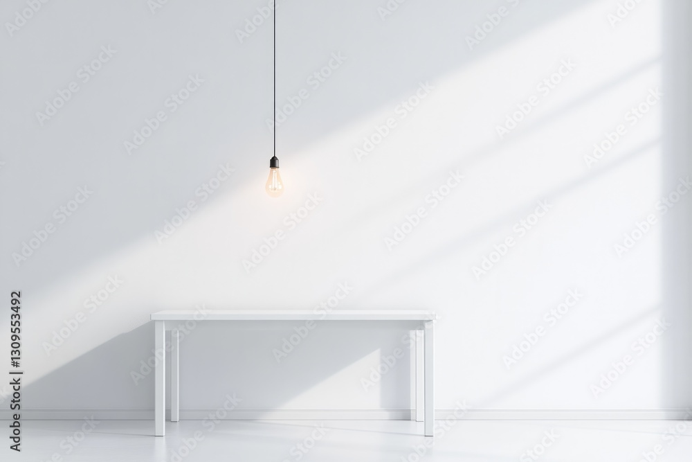Aufkleber simple white desk with single light bulb hanging above it casting soft shadow ample copy space