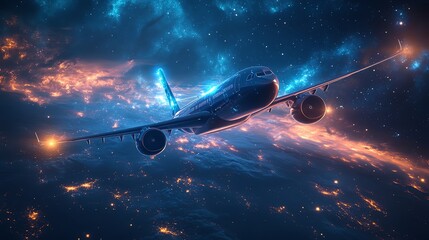 Obraz premium Hightech airplane spaceship with glowing energy fields, navigating through a galaxy filled with nebulae and bright stars