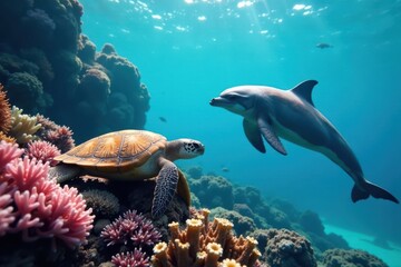 Dolphin playfully swims near a resting sea turtle on vibrant coral reef, sea turtle, underwater world, underwater habitat