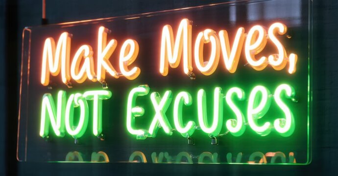Naklejki Neon sign make moves not excuses cyber green warm peach glowing inside futuristic networking event softly illuminating glass panel discussions