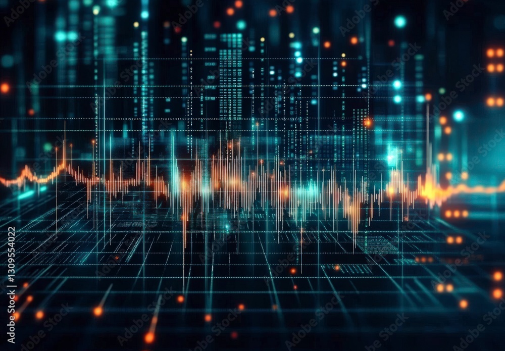 Poster visual representation of sound waves and data analysis in a futuristic digital environment with brig
