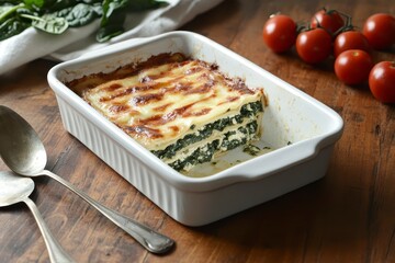 Spinach Lasagna in White Dish on Wooden Table