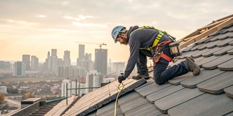 Roofer Installing Tiles with Safety Harness on Rooftop, Skyline View, Construction , Roofing
