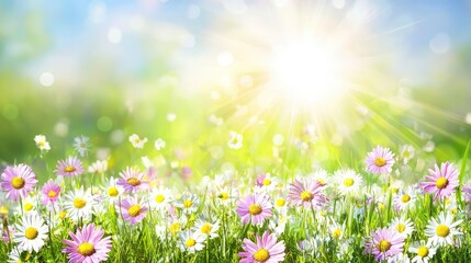 Fototapeta premium Sunny meadow, daisies blooming, spring background, idyllic scene