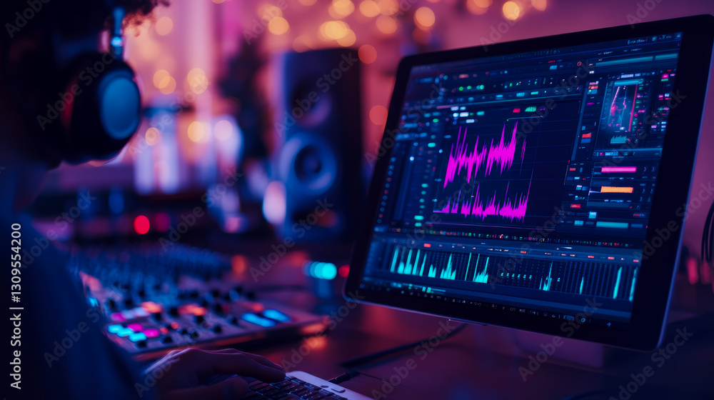 Poster music creation: a musician in a dimly lit studio recording audio on a computer, using audio software
