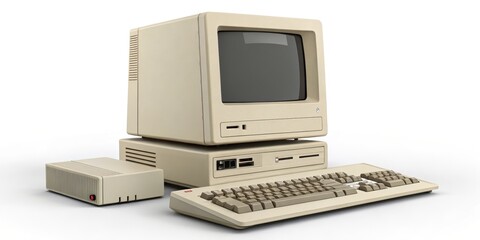 Fototapeta premium Retro Beige Computer Setup Monitor, Keyboard and Drive, Vintage Computing ,Old Tech