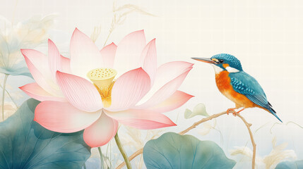Kingfisher Perched on a Lotus Flower