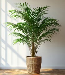Obraz premium Lush Green Indoor Plant in a Wicker Pot Displayed Against a Bright Wall, Casting Soft Shadows from Natural Light